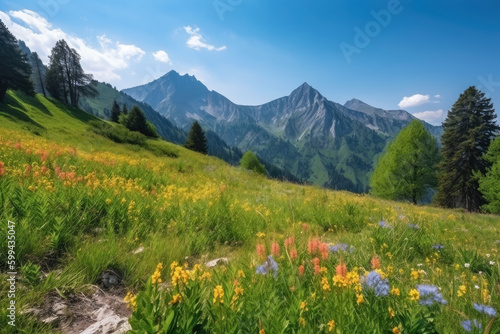 Enchanting landscape of a snow-capped mountain peak adorned with colorful wildflowers and surrounded by lush green meadows  generative ai