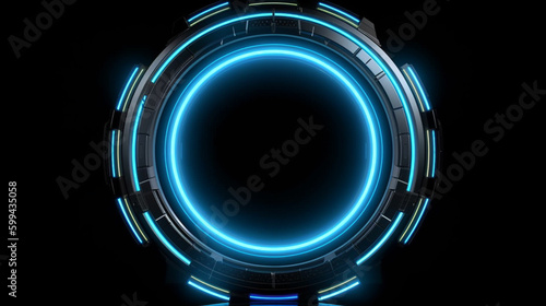 Futuristic circle light frame in blue on black backdrop Generative AI