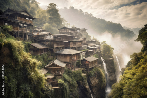 enchanting hillside village perched on a rocky outcrop, with cascading waterfalls and a sweeping view of a misty valley, generative ai
