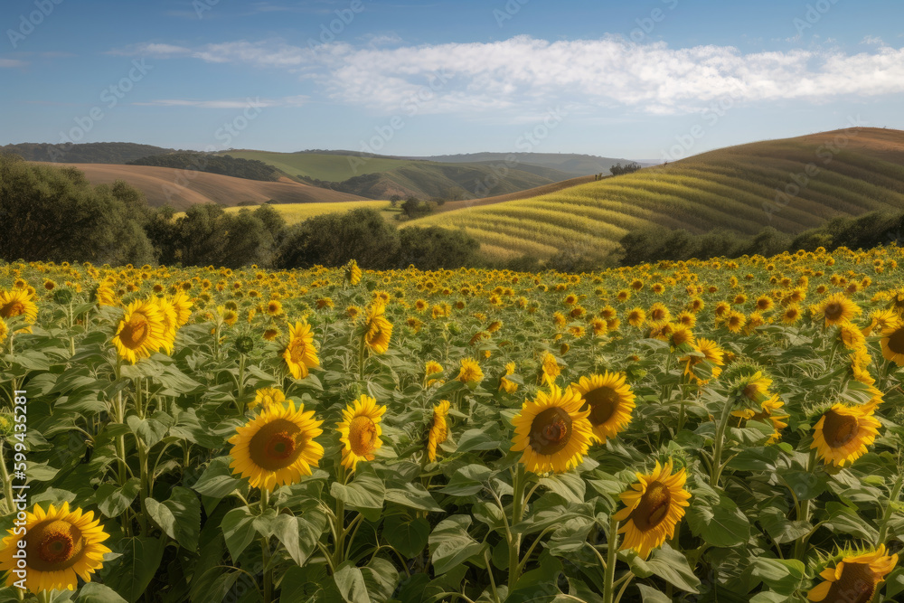 Fototapeta premium Field of Gold Sea of Rolling Hills Covered in Sunflowers, generative ai