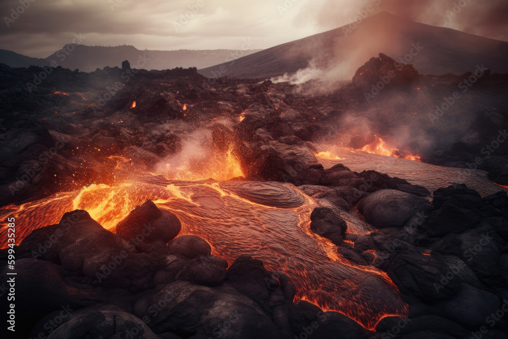 Fototapeta premium Fiery Hellscape Volcanic Landscape with Streams of Molten Lava and Billowing Smoke, generative ai