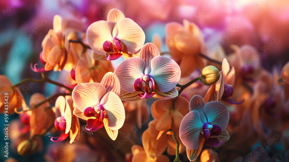 Orchid Flower Plant Petals Close Up With Luminescent Pastel Glow on Light Floral Colored Background - Generative AI