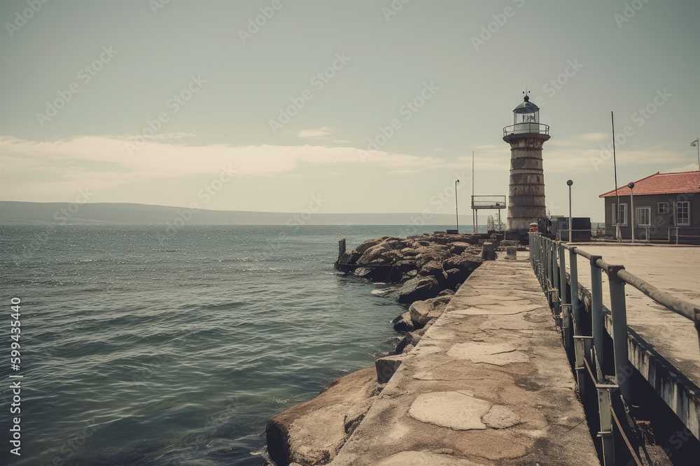 Glimpse of Nostalgia Seaside Town with an Old Pier and Rustic Lighthouse, generative ai