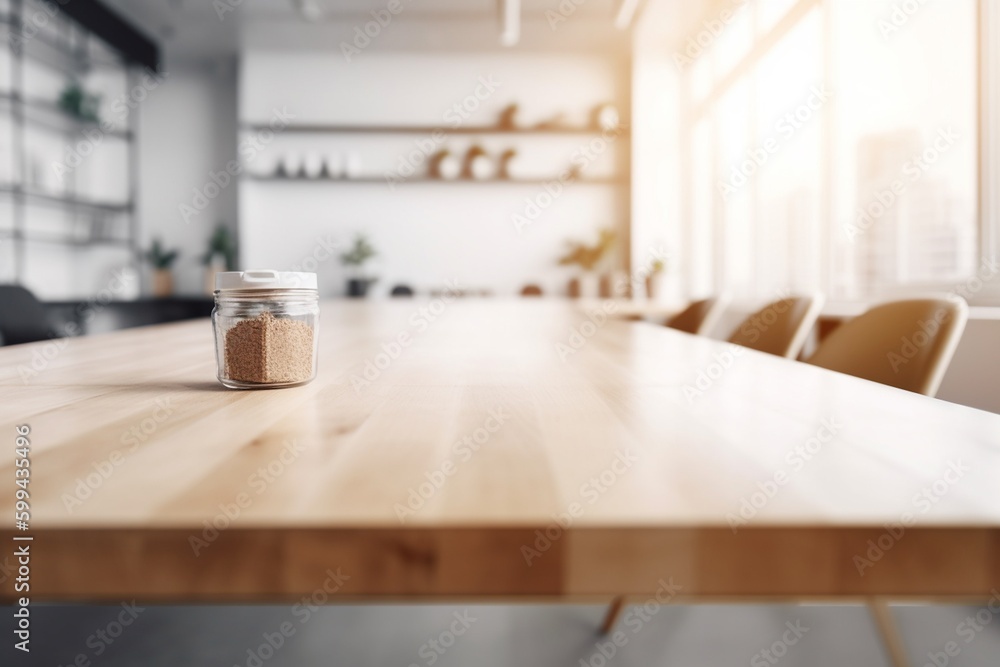 Empty Wooden Table with Blurred Interior Background Created with Generative AI Empty Wooden Table with Blurred Interior Background Created with Generative AI