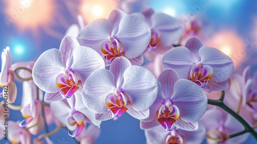 Orchid Flower Plant Petals Close Up With Luminescent Pastel Glow on Light Floral Colored Background - Generative AI