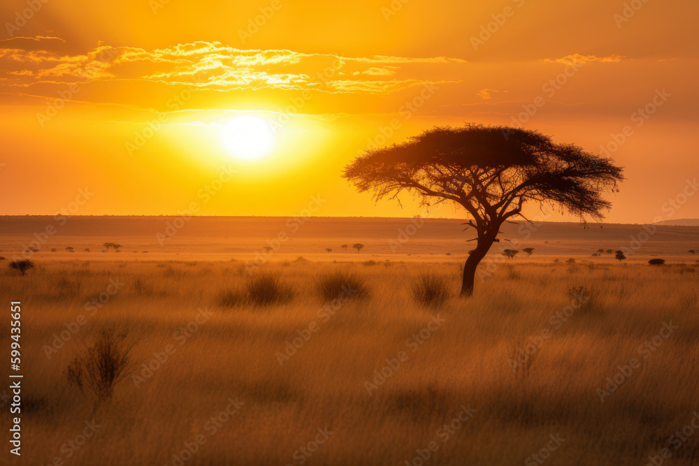 Golden Sunset Over a Lone Acacia Tree in the African Savannah, generative ai