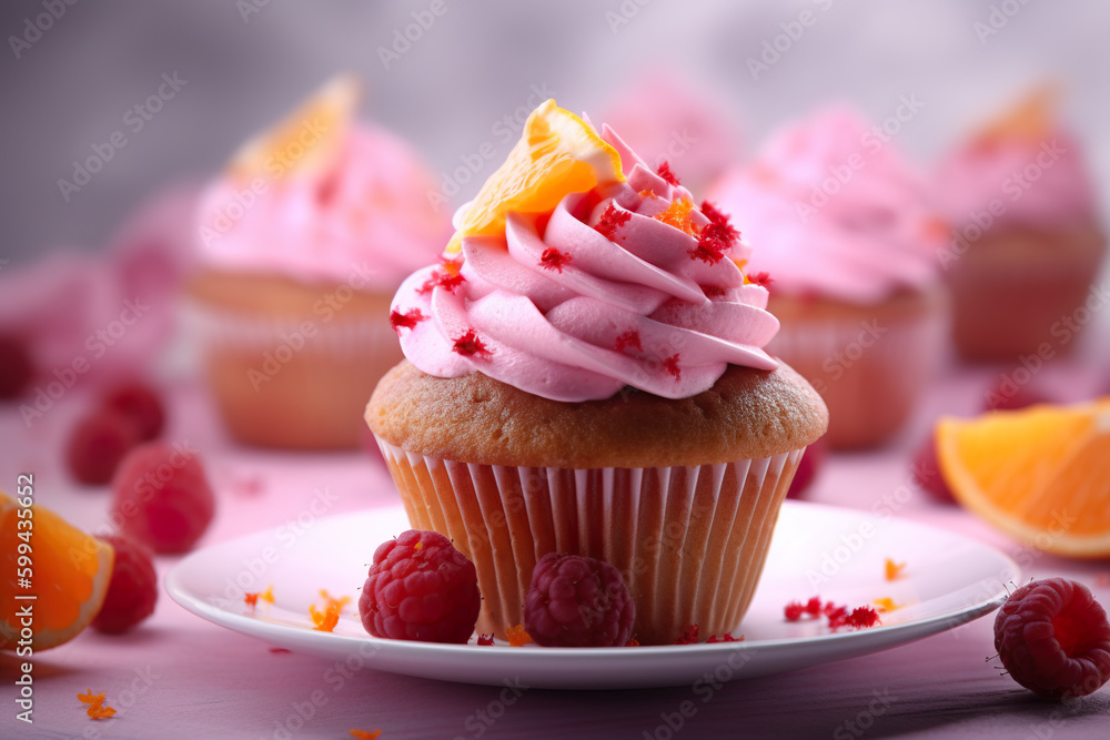 A cupcake with pink frosting and raspberries on a plate. AI generative. Generative AI