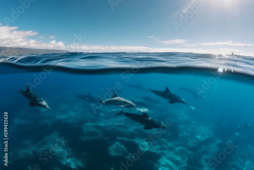 Graceful dolphins swimming in the vast and sparkling ocean under the blue sky, generative ai