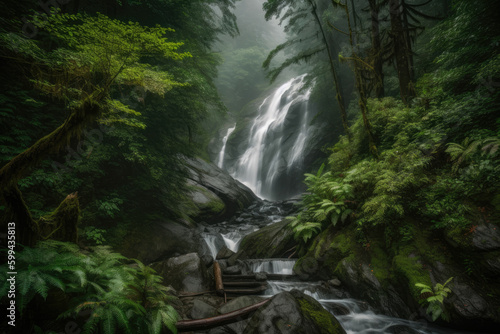 hidden gem in the midst of a misty mountain forest - a breathtaking waterfall surrounded by vibrant foliage  generative ai