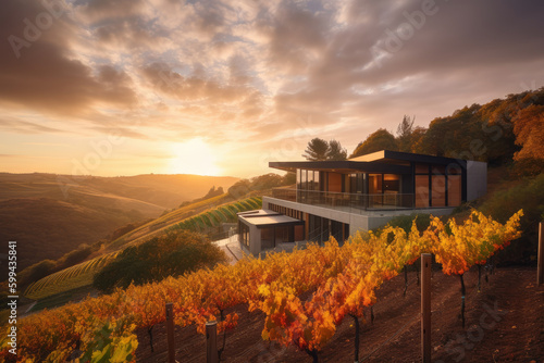 Canvas Print hillside vineyard and a modern tasting room with a stunning view of the sunset,
