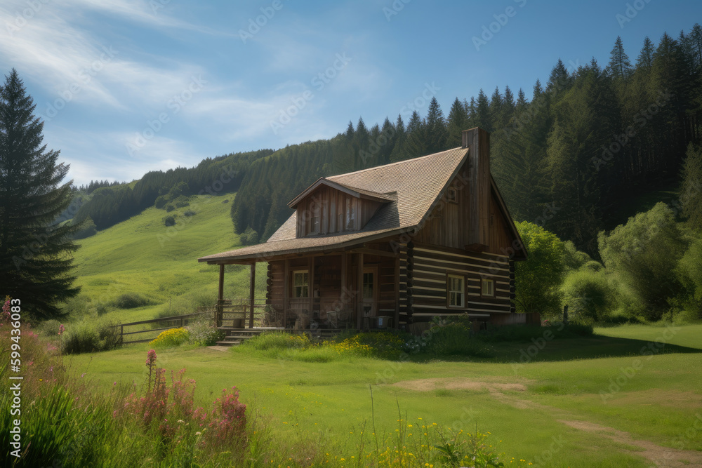 Log cabin in the heart of the valley surrounded by verdant green forests and rolling hills, generative ai