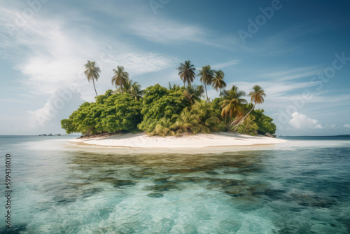 Island with a Serene and Pristine Beach, Surrounded by Palm Trees, generative ai © aicandy