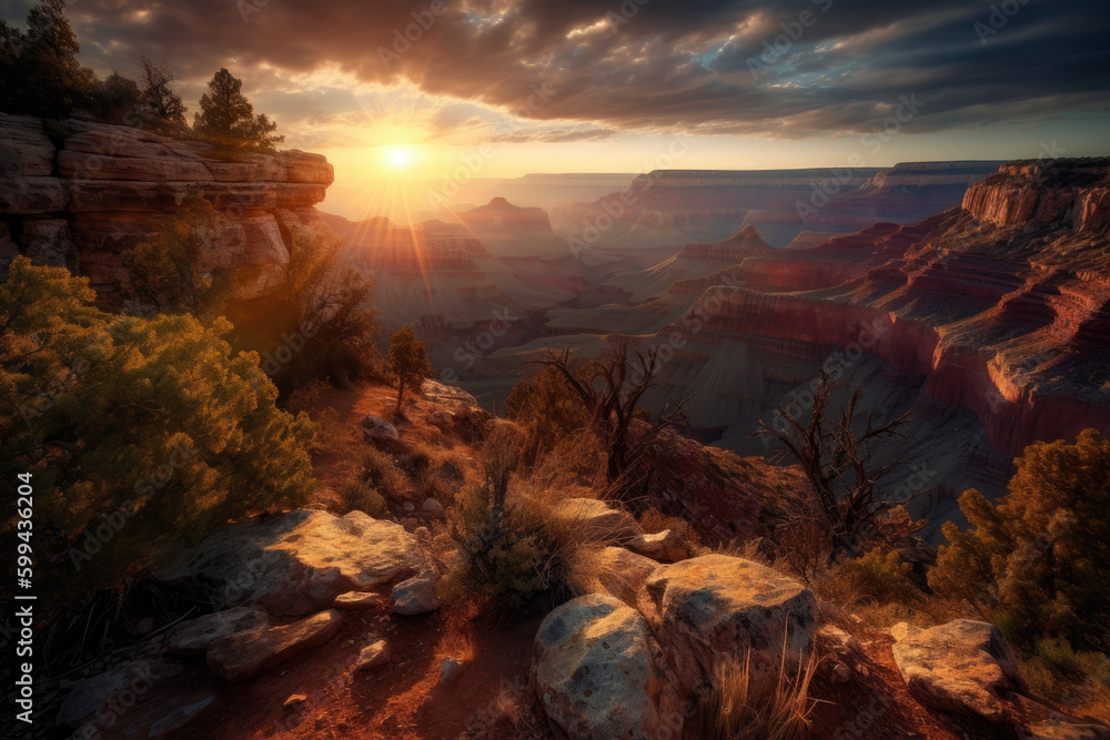 Majestic Canyon Mesas Glowing under Setting Sun, generative ai