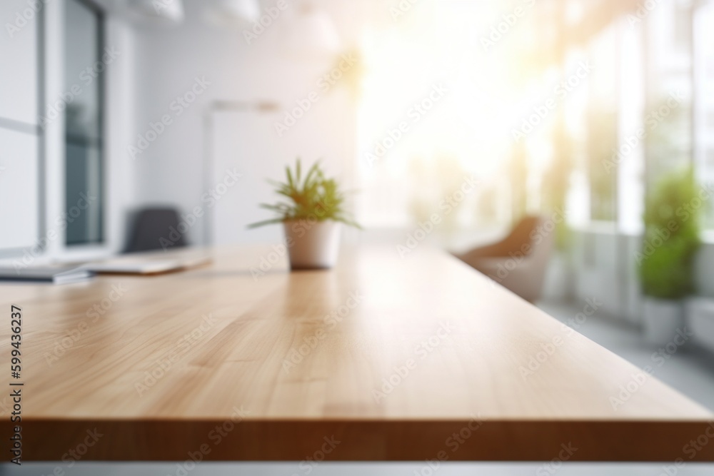 Empty Wooden Table with Blurred Interior Background Created with Generative AI Empty Wooden Table with Blurred Interior Background Created with Generative AI