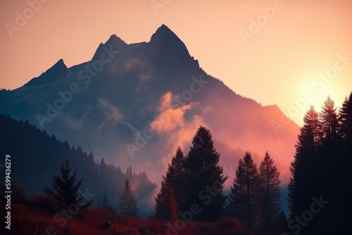 Majestic mountain peak at sunrise with a misty aura and a beautiful color gradient in the sky, generative ai