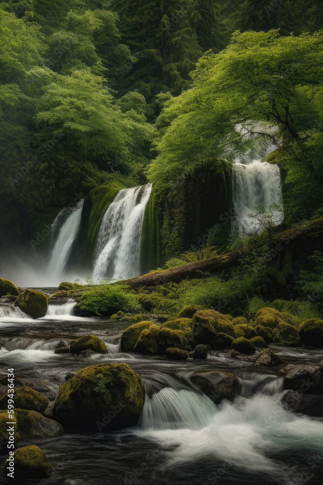 Obraz premium majestic waterfalls cascading down into a serene river, surrounded by towering green trees and mossy rocks, generative ai