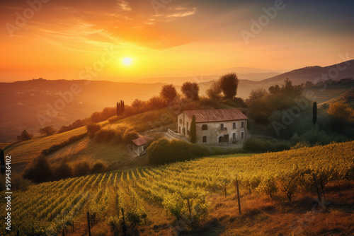 Valokuva Majestic sunset over a serene hillside dotted with rolling vineyards and quaint