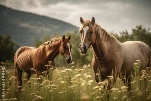 Majestic Wild Horses in a Dreamlike Meadow, generative ai