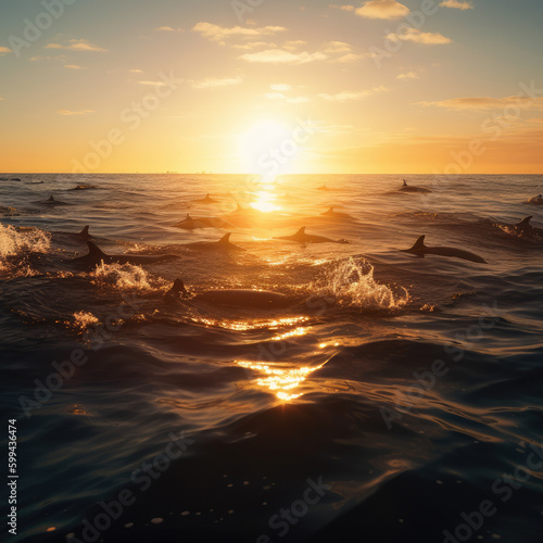 mesmerizing sight of a school of dolphins swimming under the glowing sun in the endless ocean, generative ai