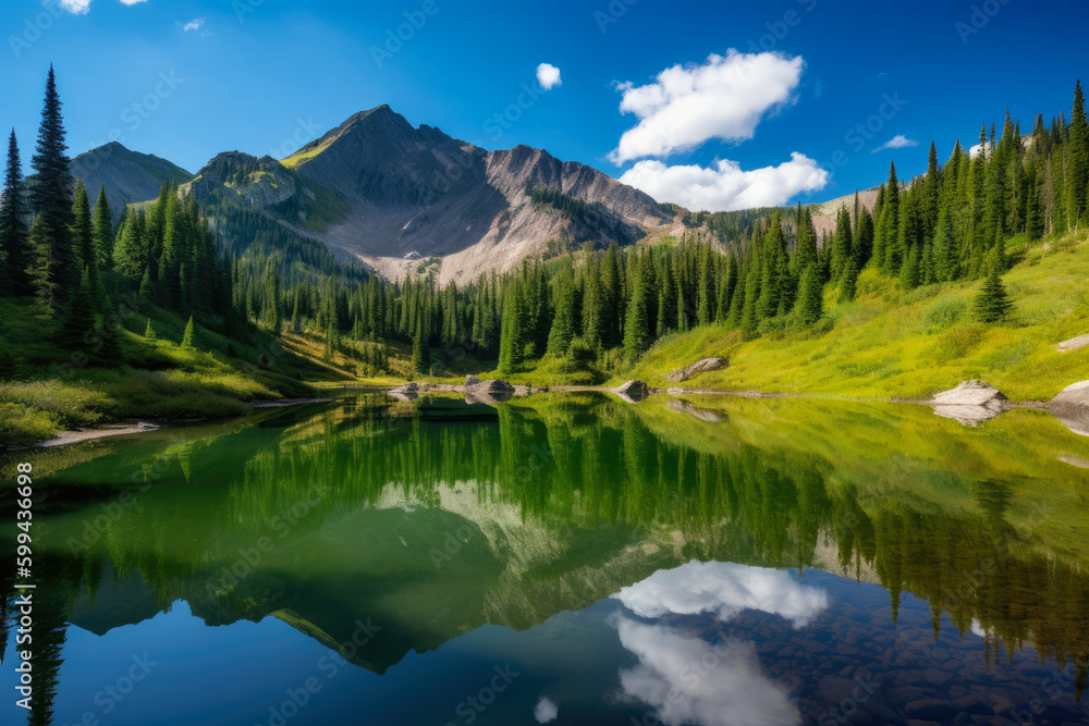 Mountainside Reflection Quiet Lake Reflecting the Beauty of the Mountains, generative ai Mountainside Reflection Quiet Lake Reflecting the Beauty of the Mountains, generative ai