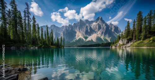 Mountain Escape Quiet Lake in the Midst of Towering Peaks, generative ai © aicandy
