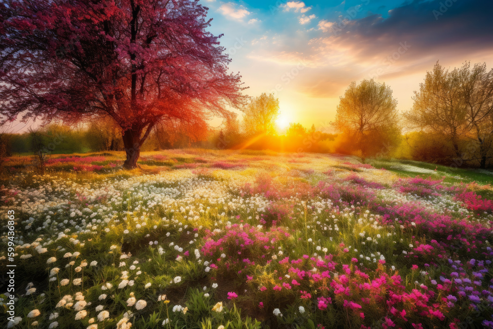 Nature's Canvas Breathtaking Spring Landscape with a Multitude of Blooming Flowers, generative ai Nature's Canvas Breathtaking Spring Landscape with a Multitude of Blooming Flowers, generative ai