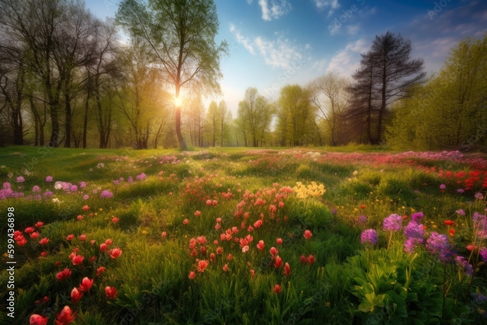 Nature's Awakening Gorgeous Spring Landscape Filled with Blooming Flowers, generative ai