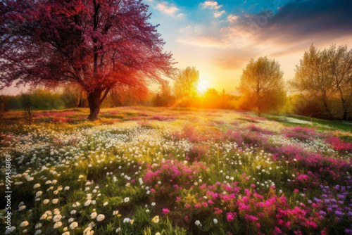 Nature s Canvas Breathtaking Spring Landscape with a Multitude of Blooming Flowers  generative ai