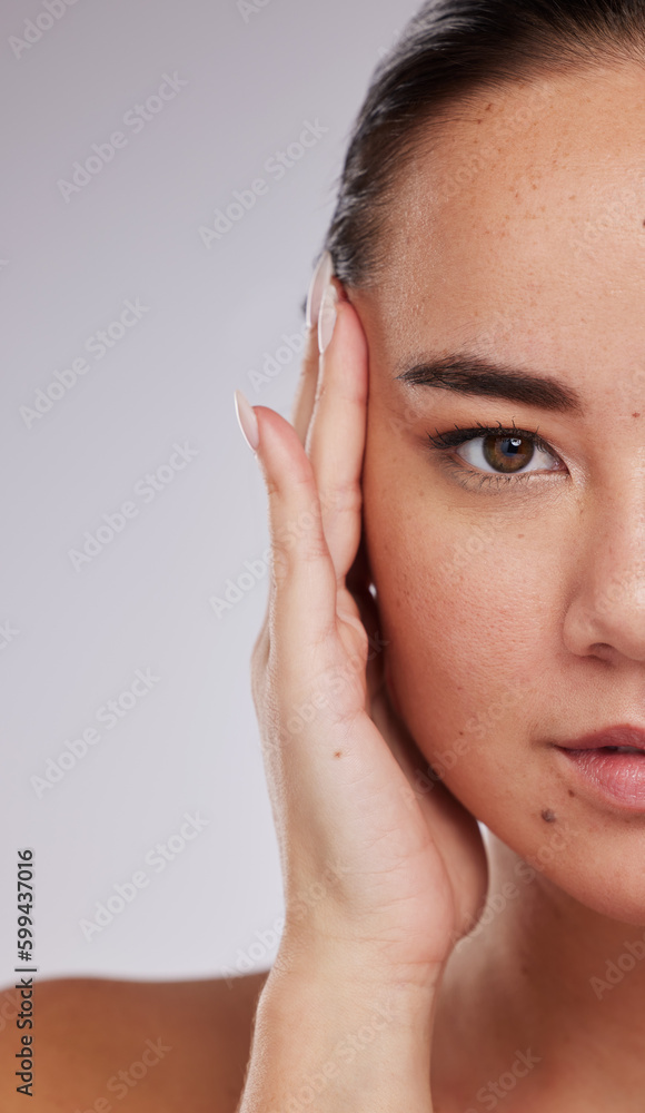 Skincare, portrait and woman in studio for beauty, grooming and cosmetic on grey background. Face, half and closeup of asian girl model relax, eye lift and anti aging skin treatment isolated Skincare, portrait and woman in studio for beauty, grooming and cosmetic on grey background. Face, half and closeup of asian girl model relax, eye lift and anti aging skin treatment isolated