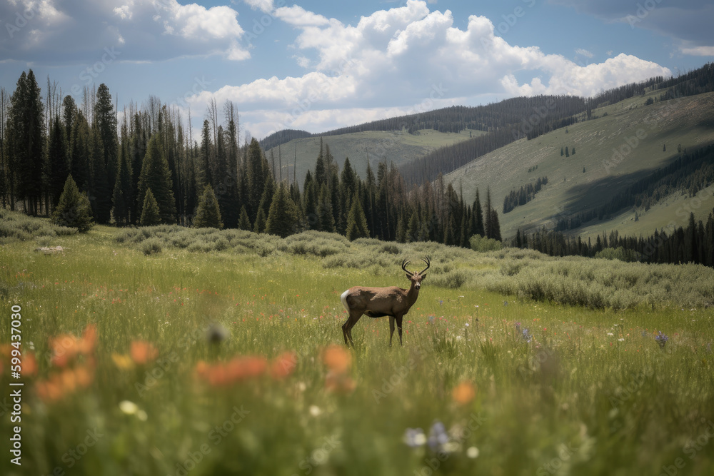 Picturesque Mountain Meadow with Deer Grazing in the Distance, generative ai Picturesque Mountain Meadow with Deer Grazing in the Distance, generative ai