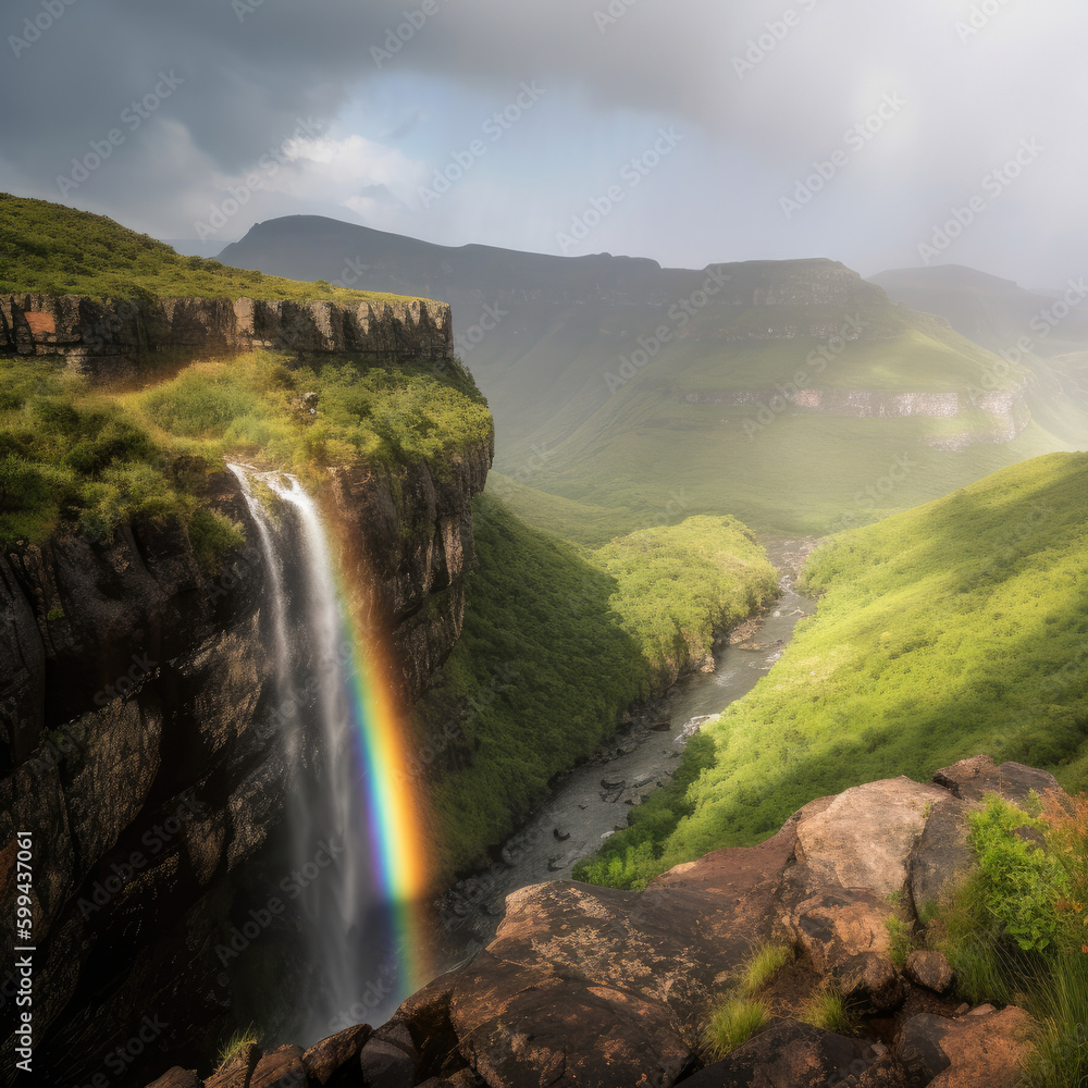Fototapeta premium Picturesque Valley with a Rainbow in the Sky and a Waterfall, generative ai