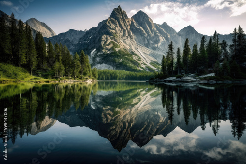 Peak Reflection Still Lake Reflects the Majestic Mountains  generative ai