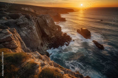 picturesque coastline with rugged cliffs and rock formations, overlooking the deep blue sea and a golden sunset in the background, generative ai © aicandy