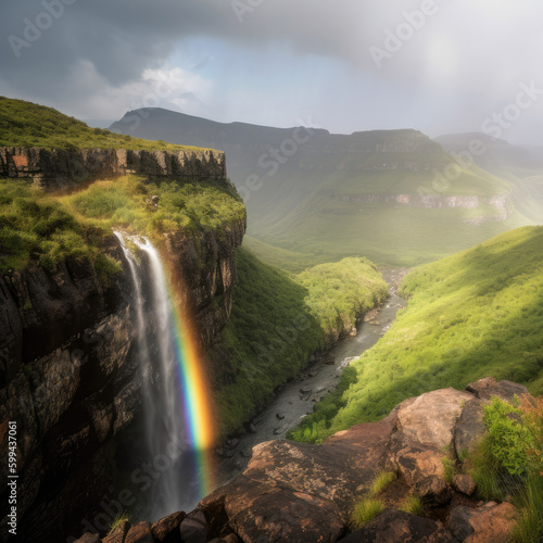Picturesque Valley with a Rainbow in the Sky and a Waterfall, generative ai