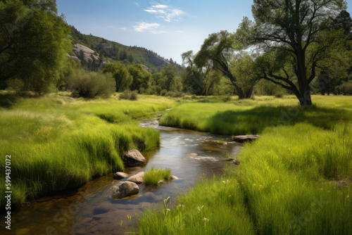 Peaceful Valley with a Gentle Stream Flowing through the Verdant Meadow, generative ai