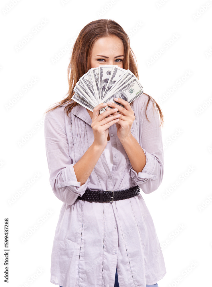 Ready to splurge. Casually dressed woman looking excited while holding a wad of cash - isolated on white. Ready to splurge. Casually dressed woman looking excited while holding a wad of cash - isolated on white.
