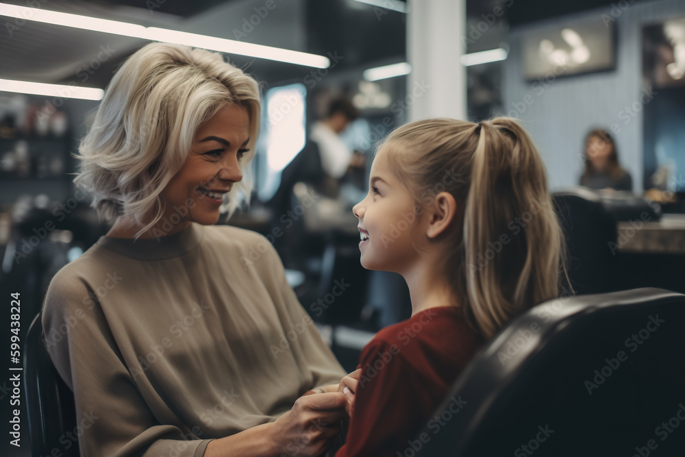 A woman sitting next to a little girl in a hair salon. AI generative. Generative AI A woman sitting next to a little girl in a hair salon. AI generative. Generative AI