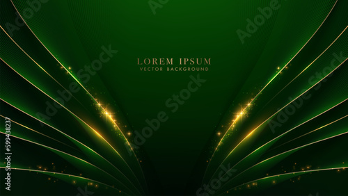 Green luxury background with golden lines curve and sparkle glowing effect elements. Elegant style vector design photo