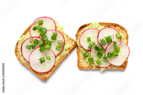 Delicious bruschettas with radish and green onion isolated on white background