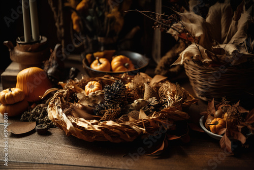 A wooden table topped with a basket filled with pumpkins. AI generative. Generative AI