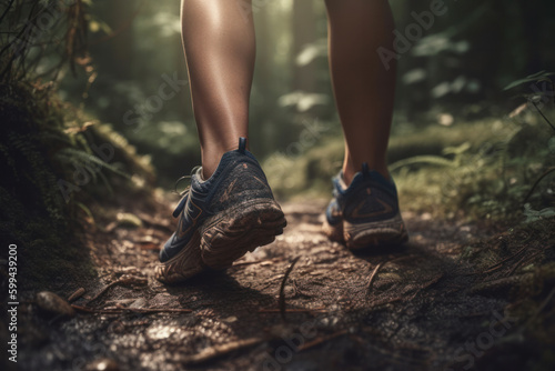 A hiker walks down a scenic forest trail surrounded by trees and foliage, experiencing the tranquility of nature. AI Generative. Generative AI © sorapop