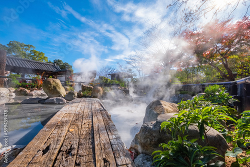 Beppu, Japan - Nov 25 2022: Oniishibozu Jigoku hot spring in Beppu, Oita. The town is famous for its onsen (hot springs). It has 8 major geothermal hot spots, referred to as the 