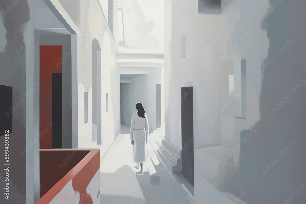 Woman dressed in White in a White Corridor Monochromatic Interior Surreal Mysterious Generative AI Woman dressed in White in a White Corridor Monochromatic Interior Surreal Mysterious Generative AI
