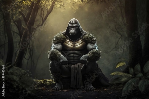 pensive muscular gorilla in a forest  generative ai