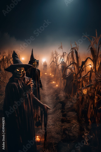 A group of people dressed as witches in a corn field. AI generative. Generative AI