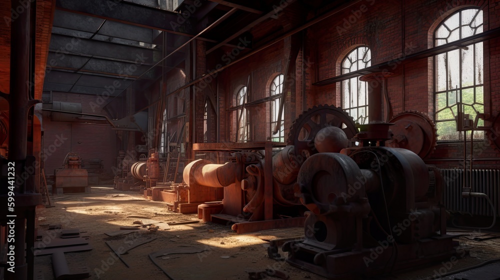 Abandoned, forgotten brick factory, old damaged factory, daylight. AI generative industrial interior. Generative AI