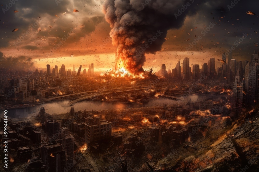 Fototapeta premium Desolate Cityscape After Nuclear Strike, Generative AI