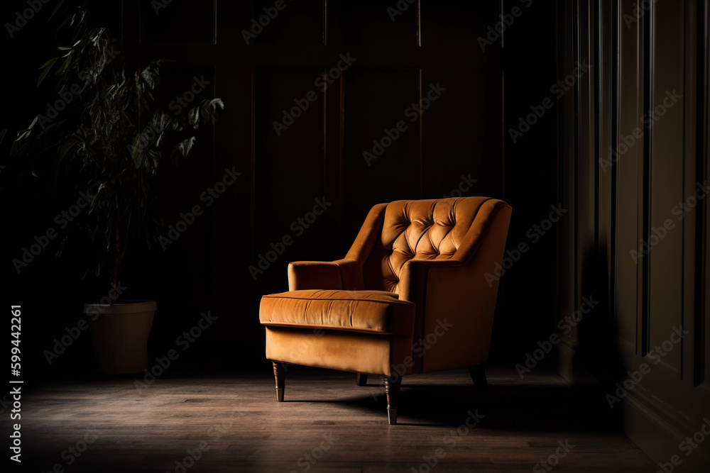 Fototapeta premium A chair in a dark room with a potted plant. AI generative. Generative AI