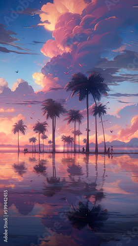 A painting of a sunset with palm trees. AI generative. Generative AI
