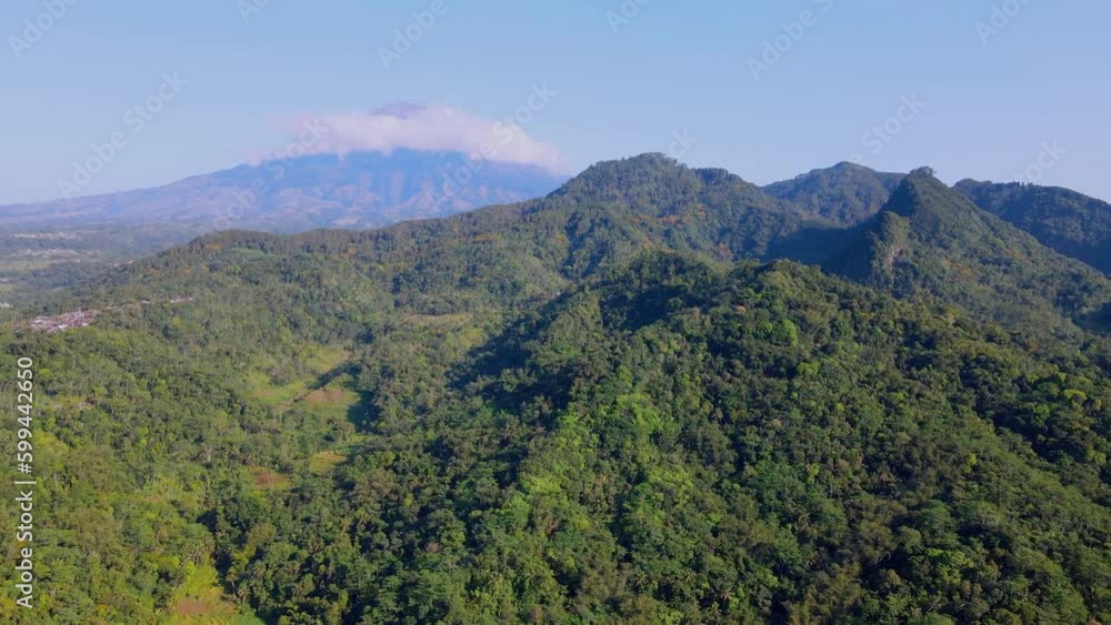 Aerial view of landscape tropical rain forest jungle with mountain on the background, Sumbing Mountain, Indonesia. Nature background concept. 4K Aerial view Aerial view of landscape tropical rain forest jungle with mountain on the background, Sumbing Mountain, Indonesia. Nature background concept. 4K Aerial view